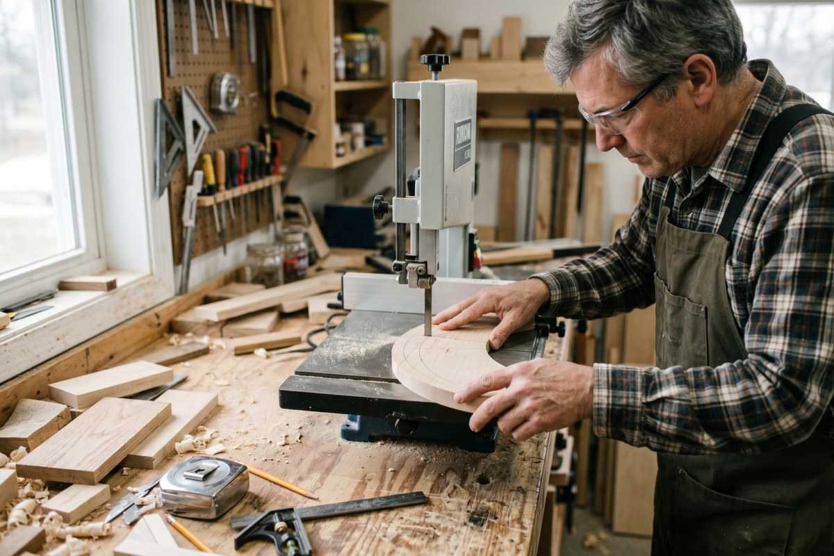 Woodworker cutting a curved wooden piece on a bandsaw in a workshop
