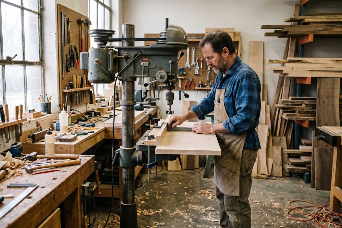 Woodworker drilling a wooden board in a cluttered workshop with tools and lumber around him