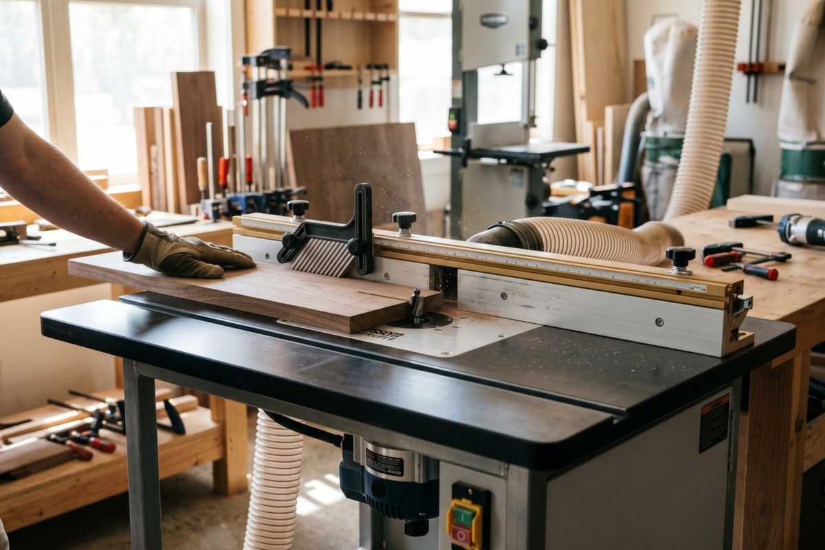 Woodworking shop with a table saw, clamps, dust hose, and a person guiding a wood board