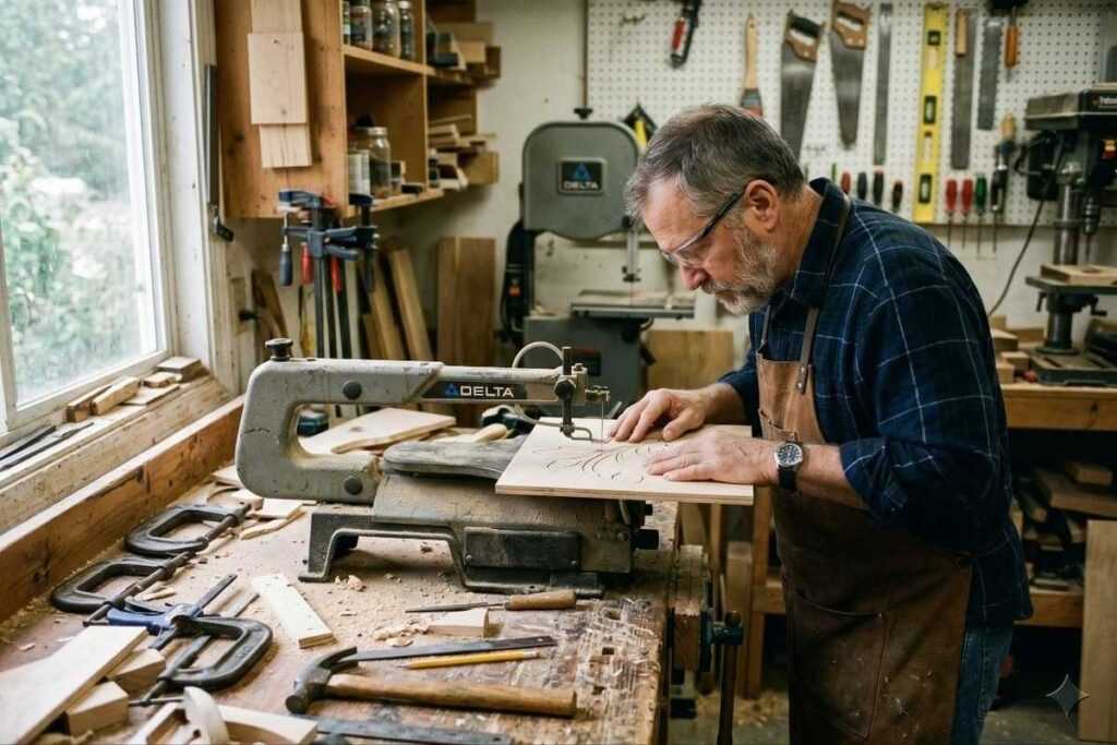 Woodworker carving a decorative wooden panel in a workshop with tools and saws around him