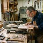 Woodworker carving a decorative wooden panel in a workshop with tools and saws around him
