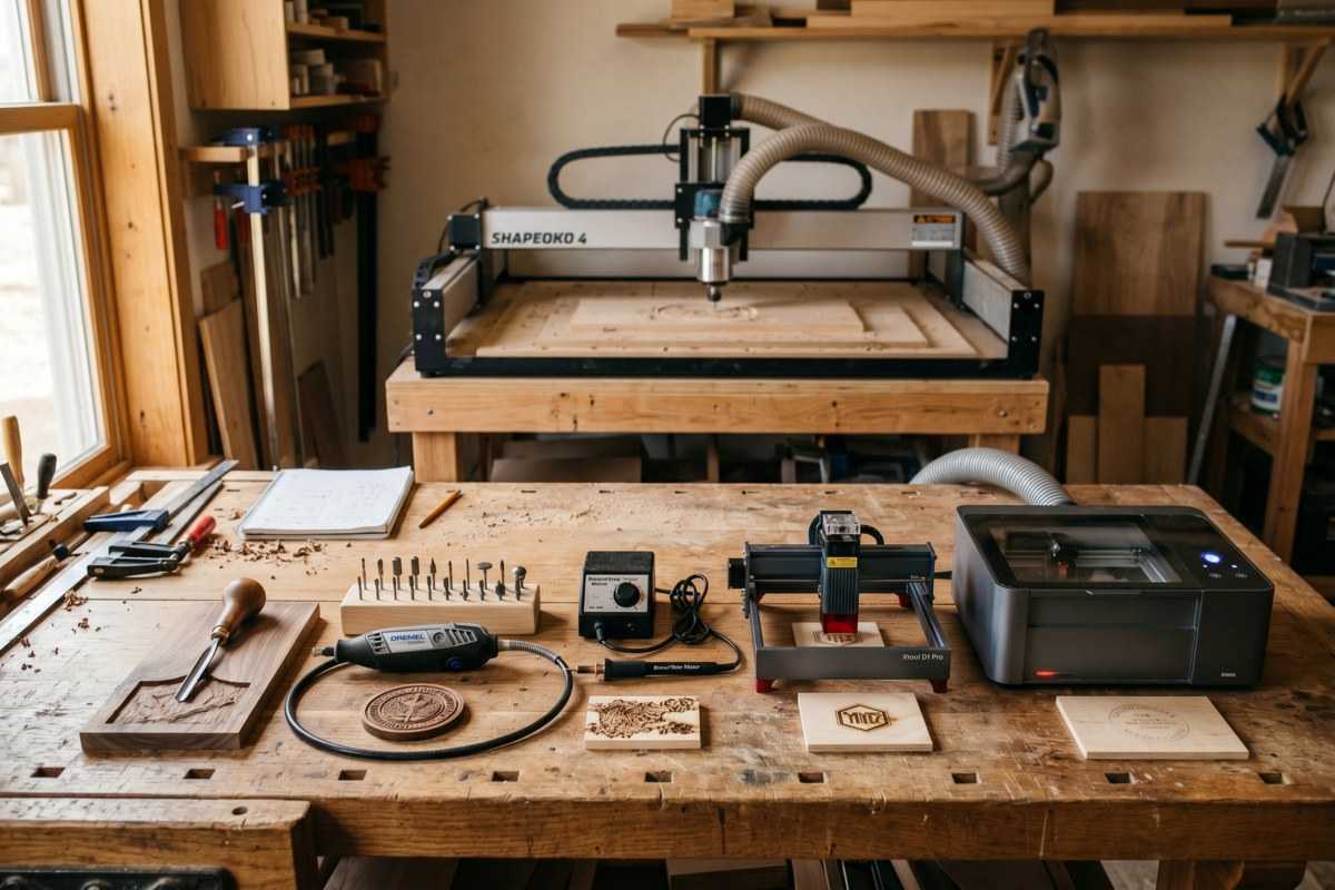 Woodworking workshop with CNC router, laser engraver, and wood carving tools on a workbench