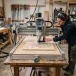 A woman operates a CNC router in a woodshop, surrounded by tools and materials, focused on her woodworking project.