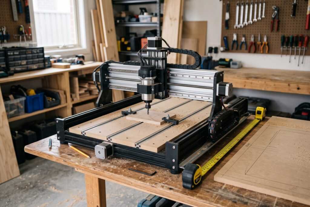 Home 14 A CNC milling machine on a workbench surrounded by woodworking tools and materials in a workshop setting.