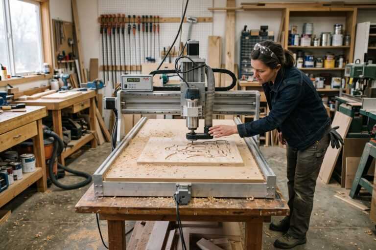 A woman operates a CNC router in a woodshop, surrounded by tools and materials, focused on her woodworking project.