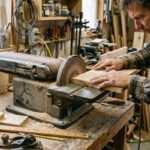A carpenter using a belt sander on a piece of wood in a workshop filled with tools and wooden materials.