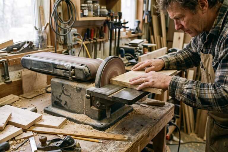 Belt and Disc Sander Buyer’s Guide: Sizes, Uses, and Models 16 A carpenter using a belt sander on a piece of wood in a workshop filled with tools and wooden materials.