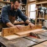 Woodworker using a table saw in a workshop, cutting a wooden board with tools and shelves in the background