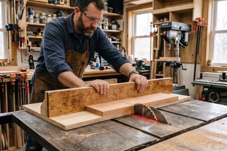 Crosscut Sled Guide: Setup, Use, and Safety 4 Woodworker using a table saw in a workshop, cutting a wooden board with tools and shelves in the background