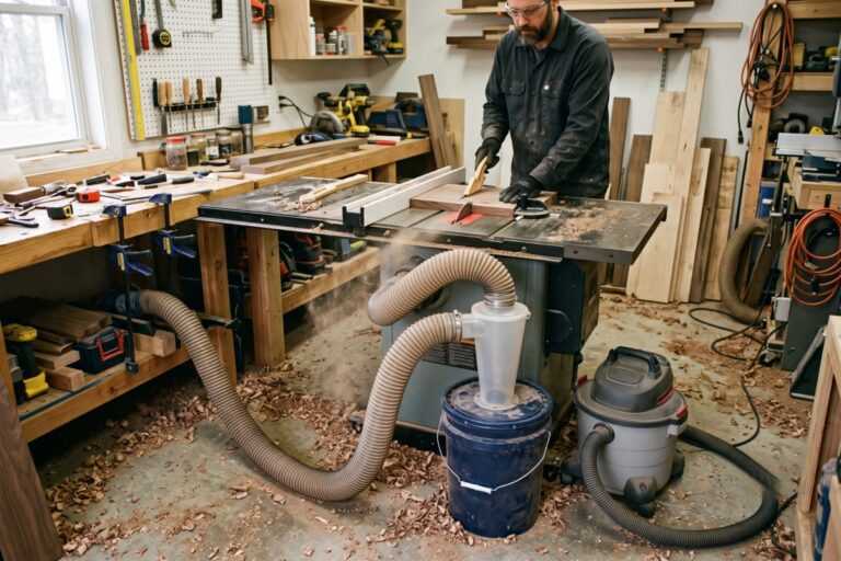 Dust Extractor Buying Guide: Compare Types and Choose 19 Woodworker using a table saw in a cluttered workshop with dust extraction hoses and tools