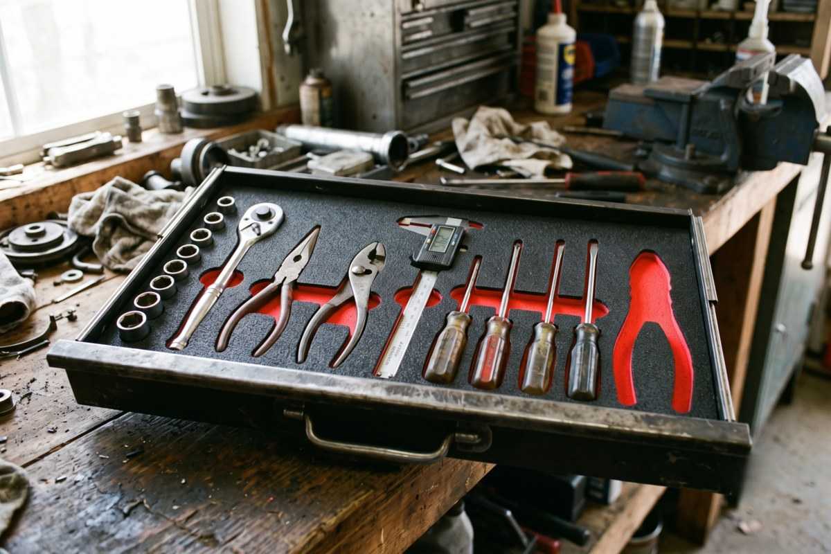 Kaizen Foam: A Buyer’s Guide to Custom Tool Inserts 1 Tool kit with wrenches, pliers, screwdrivers and socket set in a black case on a workbench