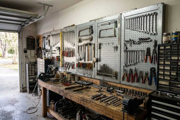 Metal Pegboard Buying Guide: Panels, Kits, Compatibility, and Installation 7 Garage workshop with tool pegboards, workbench, and open overhead garage door