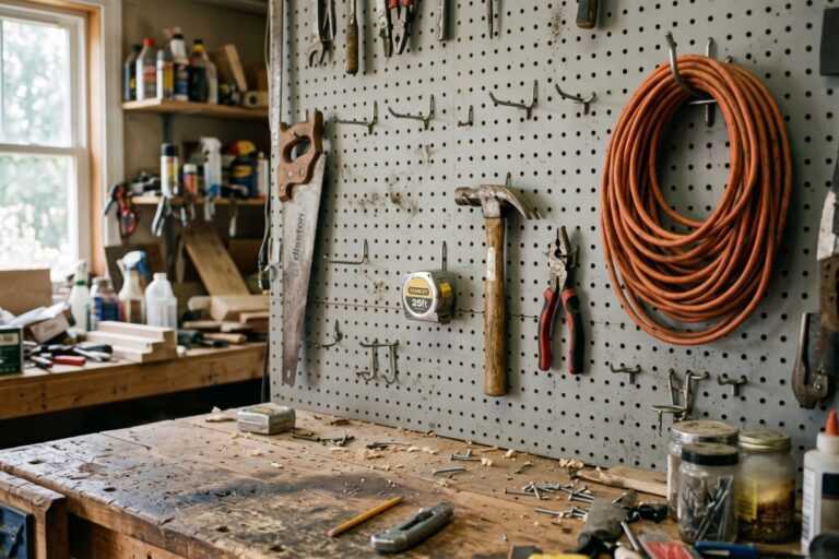 Peg Board Hooks Guide: Choose the Right Type and Size 6 Workbench in a woodworking shop with tools on a pegboard and coiled orange air hose