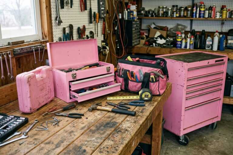 Pink Tool Box Buying Guide: Compare Types, Sizes, and Brands 12 Pink toolboxes and a tool bag on a workbench in a workshop with hand tools and shelves of supplies