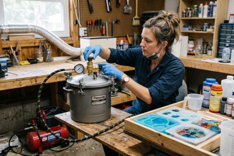 Pressure Pot for Resin: How to Choose, Set Up, and Use One Safely 16 Woman adjusting a pressure pot in a workshop with resin molds and tools