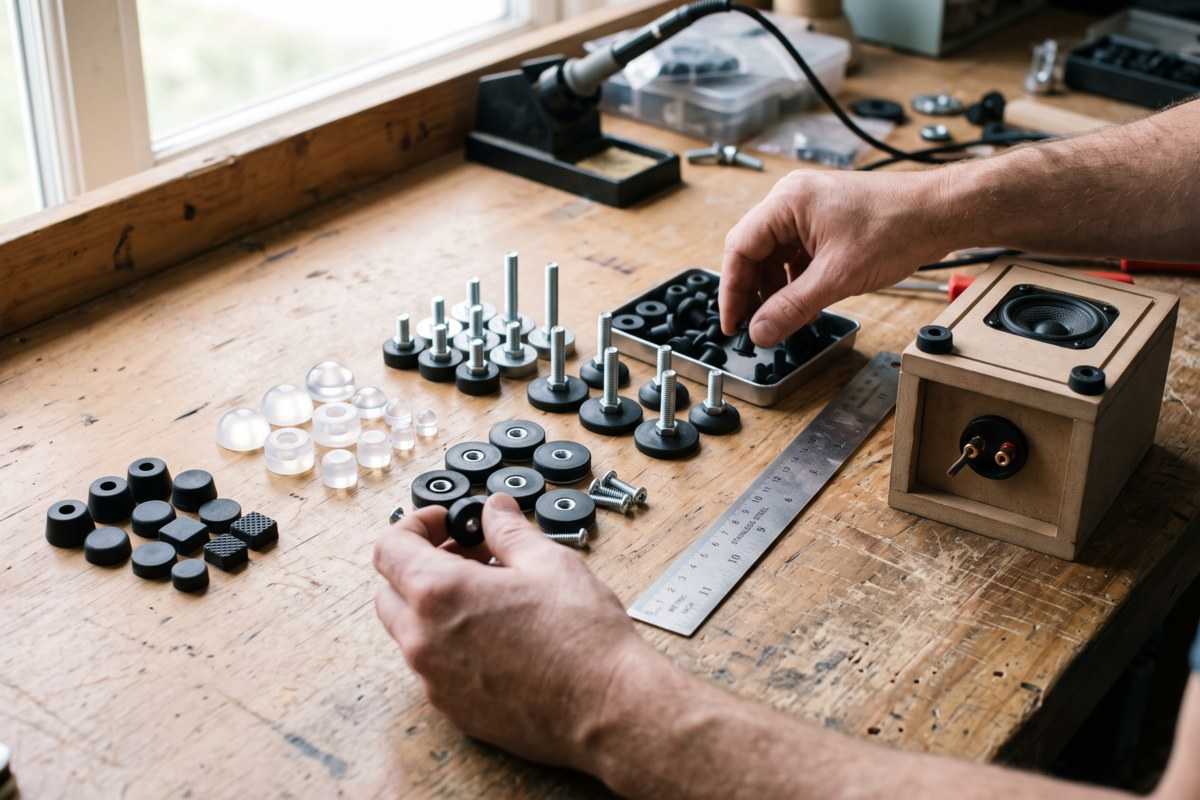 Rubber Feet Buying Guide: Types, Materials, Sizes and Mounting Options 1 Hands assembling small speaker components and hardware on a wooden workbench