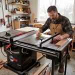 Woodworker measuring a table saw board in a workshop with lumber and tools