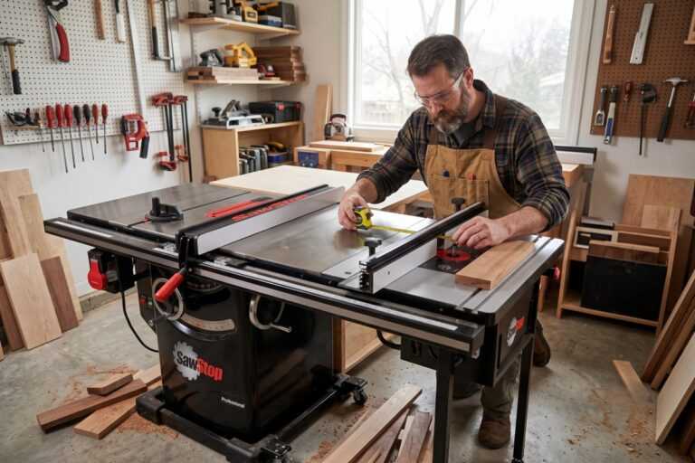 SawStop Router Table Buying Guide: Compatibility, Setups, and Accessories 1 Woodworker measuring a table saw board in a workshop with lumber and tools