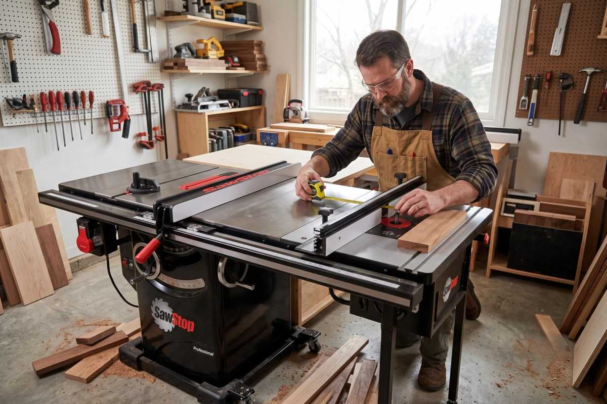 SawStop Router Table Buying Guide: Compatibility, Setups, and Accessories 1 Woodworker measuring a table saw board in a workshop with lumber and tools