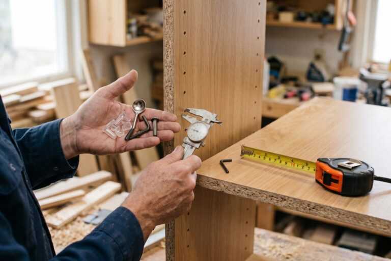 Carpenter measuring a wood panel with calipers, screws, and tape measure in a workshop