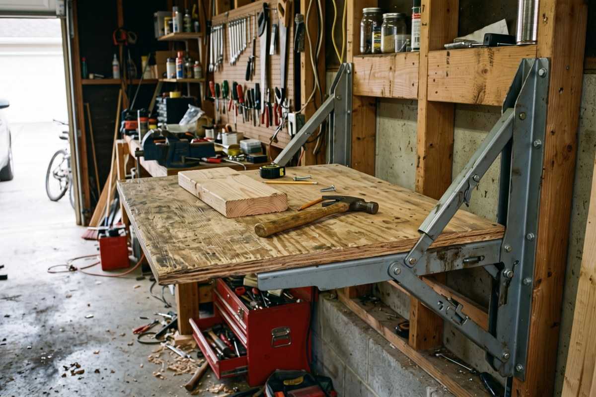 Shelf Supports Buying Guide: Types, Sizes, Loads, and Folding Brackets 1 Fold-down workbench with metal brackets in a cluttered woodworking garage workshop