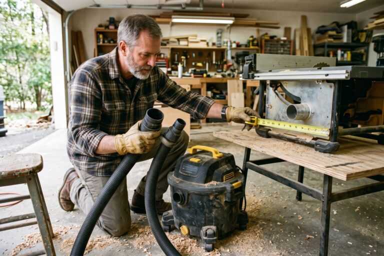 Woodworker measuring a table saw in a workshop with a shop vacuum and hose attachments