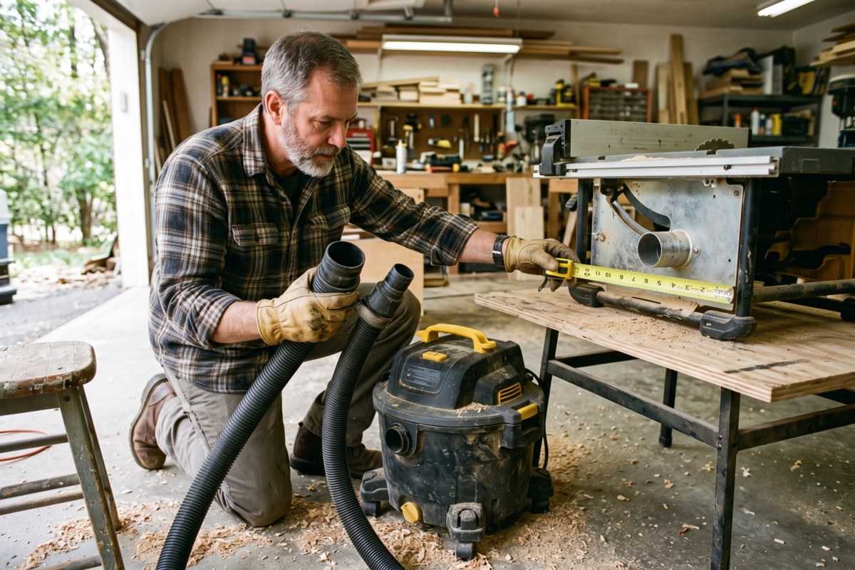 Shop Vac Hose Buying Guide: Sizes, Fit, and Dust Collection 1 Woodworker measuring a table saw in a workshop with a shop vacuum and hose attachments