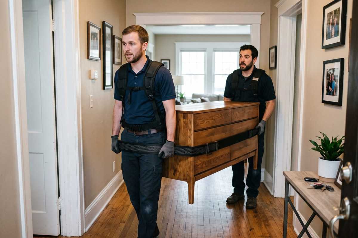 Shoulder Dolly Buyer’s Guide: Models, Safety and Alternatives 1 Two movers carrying a wooden dresser through a hallway in a home interior