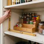 Hand measuring a kitchen cabinet shelf with spice jars and storage containers