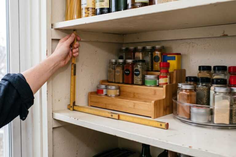 Spice Racks Organizers: How to Choose the Right Kitchen Storage 28 Hand measuring a kitchen cabinet shelf with spice jars and storage containers
