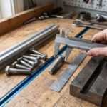 Hand measuring a metal bolt with calipers on a workbench beside steel parts and fasteners