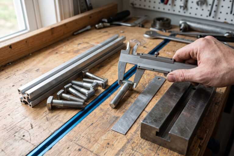 T Bolt Selection Guide for Tracks, Slots, and Mounting Systems 5 Hand measuring a metal bolt with calipers on a workbench beside steel parts and fasteners