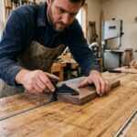 Carpenter clamping a wooden board in a workshop on a workbench