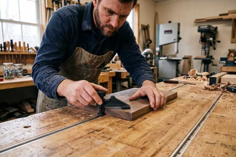 T Track Guide: Types, Uses, and How to Choose 9 Carpenter clamping a wooden board in a workshop on a workbench