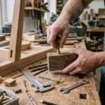 Woodworker installing a brass hinge on a wooden frame in a workshop