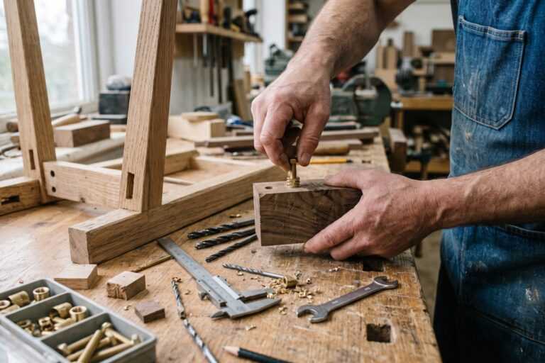 Threaded Inserts Guide: Types, Uses, and Installation 18 Woodworker installing a brass hinge on a wooden frame in a workshop