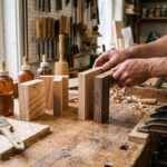 Woodworker shaping wooden samples on a workbench in a workshop