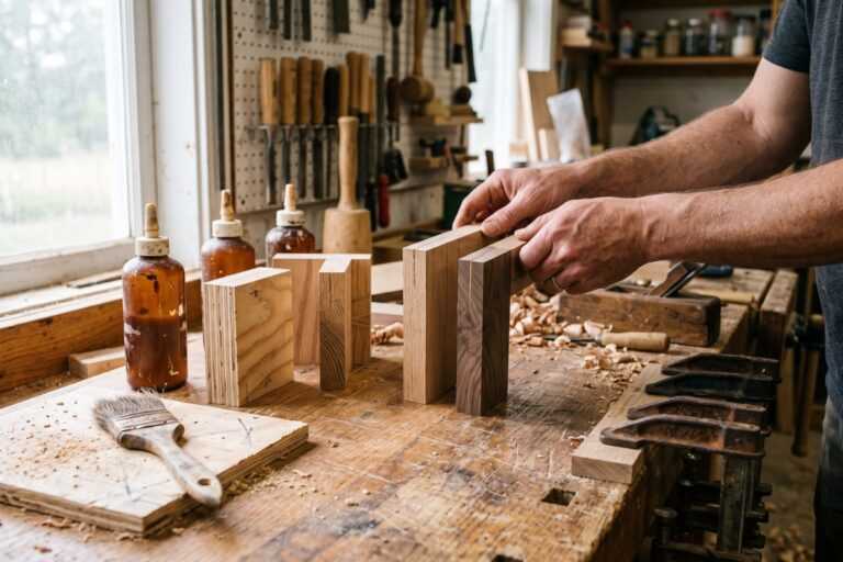 Wood Glue Guide: How to Choose the Right Adhesive 17 Woodworker shaping wooden samples on a workbench in a workshop