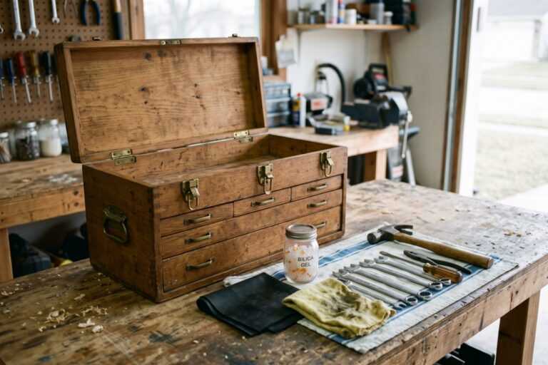 Wooden tool chest open on a workbench with hand tools, hammer, wrenches, cloths and a jar of gel