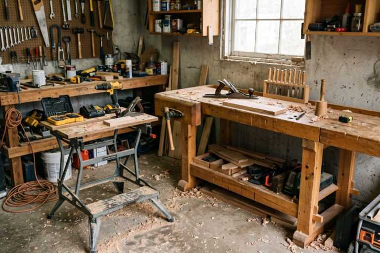 Woodworking workshop with benches, hand tools, clamps, and sawdust in a rustic garage interior