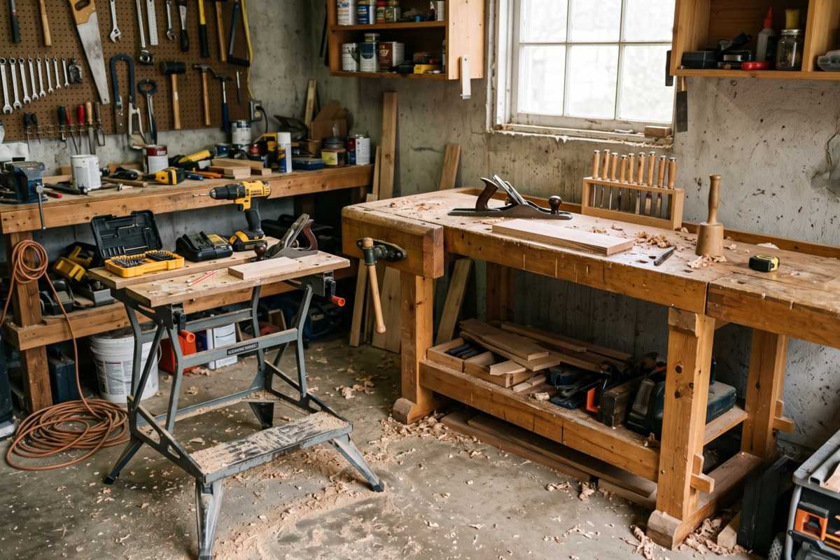 Woodworking workshop with benches, hand tools, clamps, and sawdust in a rustic garage interior