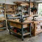 Woodworking workshop with workbenches, tools, drill press and lumber storage