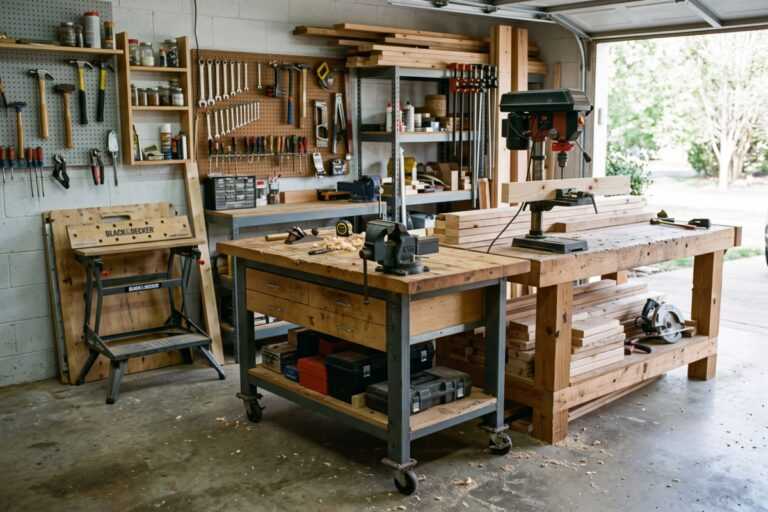 Woodworking workshop with workbenches, tools, drill press and lumber storage