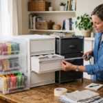 Woman measuring a plastic drawer unit on a wooden table in a home office