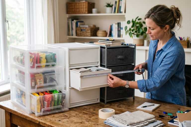 Woman measuring a plastic drawer unit on a wooden table in a home office