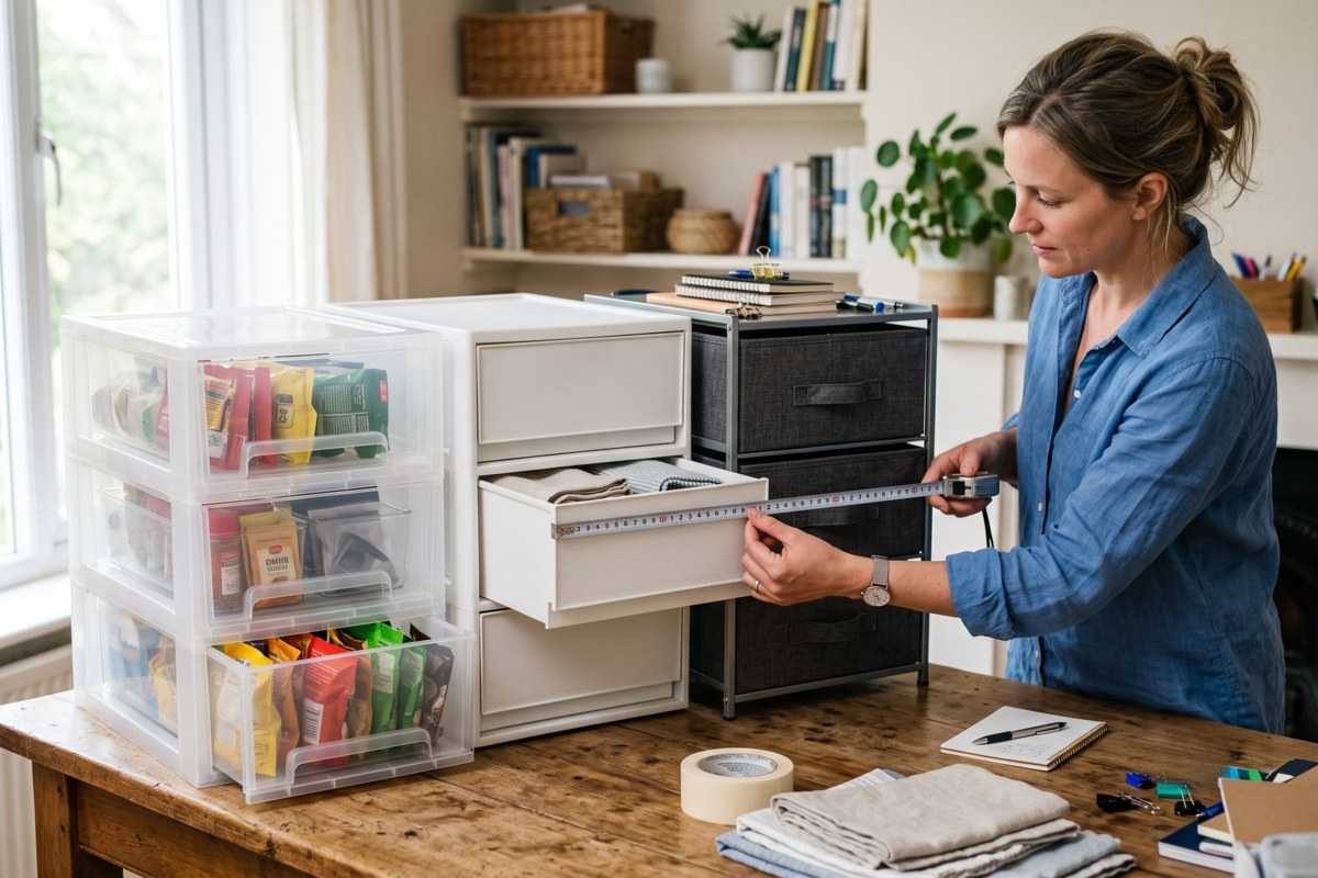 Stackable Storage Drawers Compared: A Buying Guide 1 Woman measuring a plastic drawer unit on a wooden table in a home office