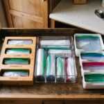 Kitchen drawer organizer with labeled reusable food storage bags and containers