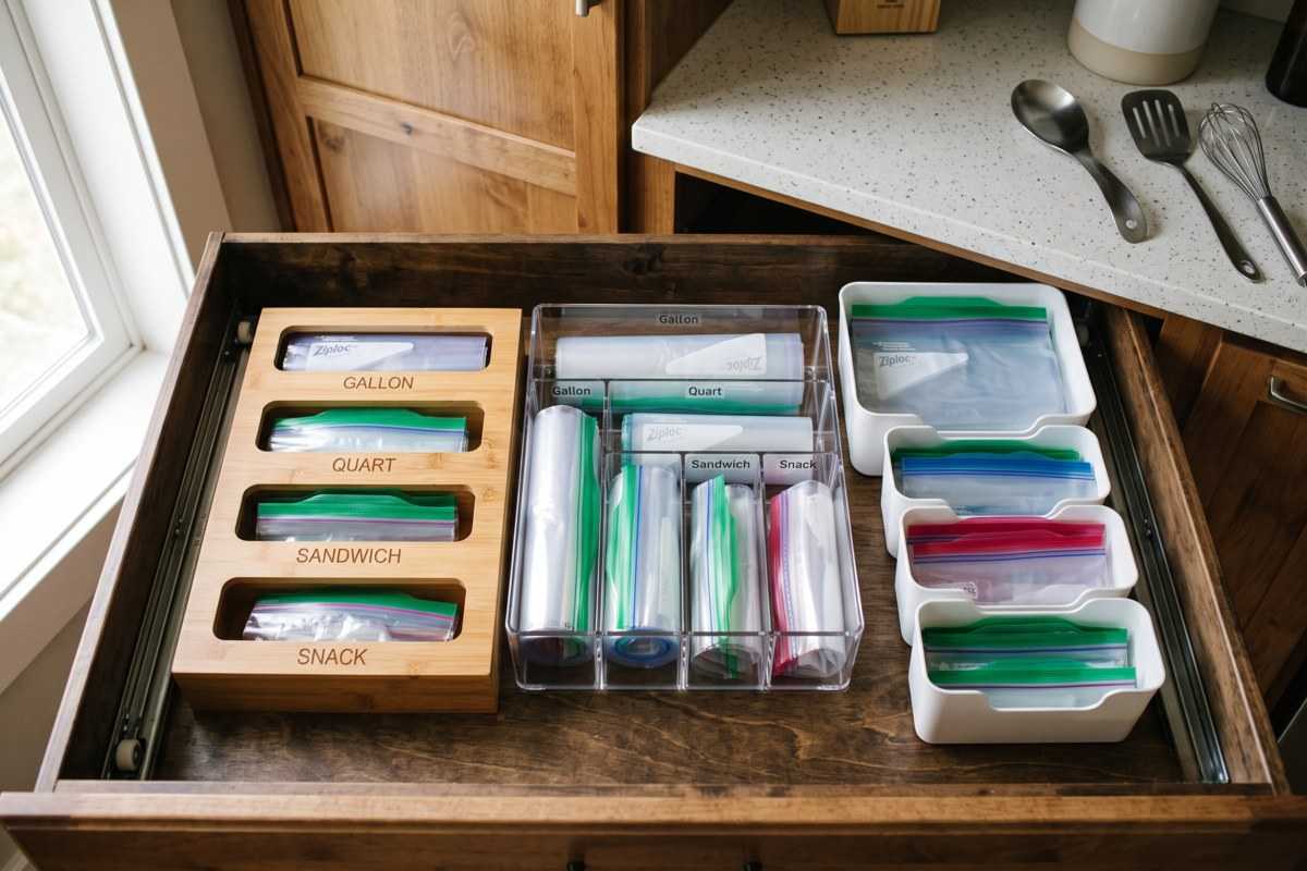 Ziploc Bag Organizer Buying Guide: Compare Fit and Features 1 Kitchen drawer organizer with labeled reusable food storage bags and containers